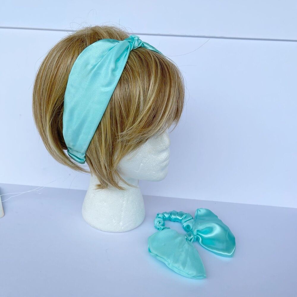 New Bow Headband Hair Ponytail Set Aqua Blue Satin Women’s & Girl - Picture 12 of 16